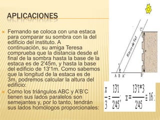 APLICACIONES
   Fernando se coloca con una estaca
    para comparar su sombra con la del
    edificio del instituto. A
    continuación, su amiga Teresa
    comprueba que la distancia desde el
    final de la sombra hasta la base de la
    estaca es de 2'45m, y hasta la base
    del edificio de 13'1m. Como sabemos
    que la longitud de la estaca es de
    3m, podremos calcular la altura del
    edificio:
   Como los triángulos ABC y A’B’C
    tienen sus lados paralelos son
    semejantes y, por lo tanto, tendrán
    sus lados homólogos proporcionales:
 