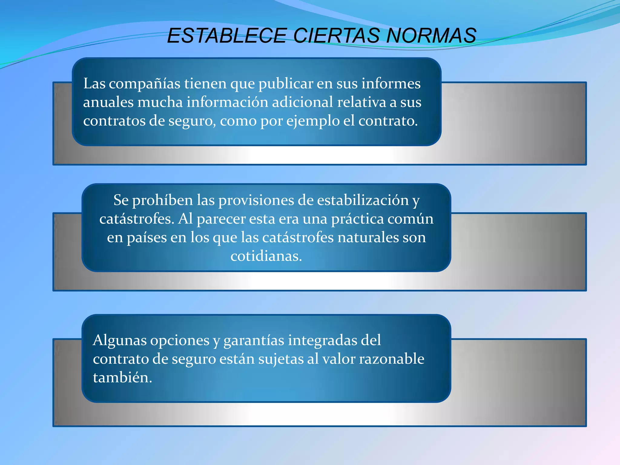 Las compañías tienen que publicar en sus informes
anuales mucha información adicional relativa a sus
contratos de seguro, como por ejemplo el contrato.
Se prohíben las provisiones de estabilización y
catástrofes. Al parecer esta era una práctica común
en países en los que las catástrofes naturales son
cotidianas.
Algunas opciones y garantías integradas del
contrato de seguro están sujetas al valor razonable
también.
ESTABLECE CIERTAS NORMAS
 