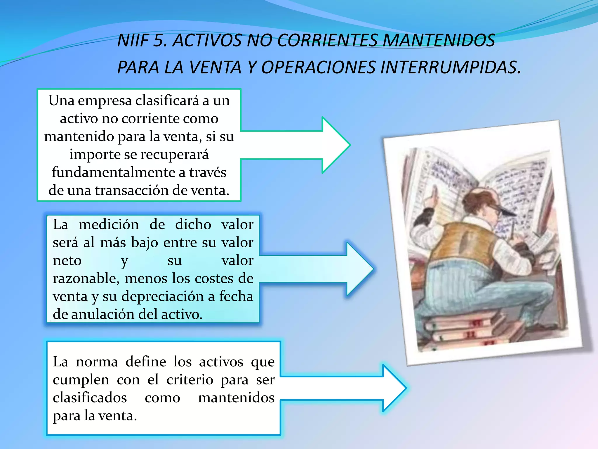 NIIF 5. ACTIVOS NO CORRIENTES MANTENIDOS
PARA LA VENTA Y OPERACIONES INTERRUMPIDAS.
La norma define los activos que
cumplen con el criterio para ser
clasificados como mantenidos
para la venta.
La medición de dicho valor
será al más bajo entre su valor
neto y su valor
razonable, menos los costes de
venta y su depreciación a fecha
de anulación del activo.
Una empresa clasificará a un
activo no corriente como
mantenido para la venta, si su
importe se recuperará
fundamentalmente a través
de una transacción de venta.
 