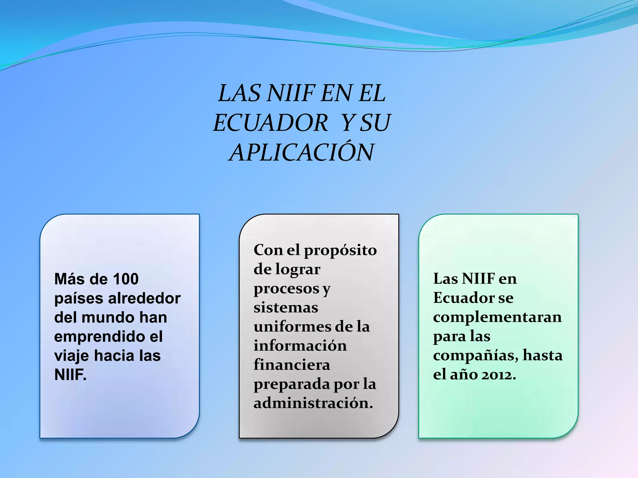 Más de 100
países alrededor
del mundo han
emprendido el
viaje hacia las
NIIF.
Con el propósito
de lograr
procesos y
sistemas
uniformes de la
información
financiera
preparada por la
administración.
Las NIIF en
Ecuador se
complementaran
para las
compañías, hasta
el año 2012.
LAS NIIF EN EL
ECUADOR Y SU
APLICACIÓN
 