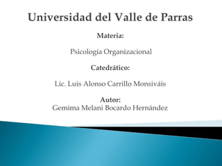 Universidad del Valle de Parras Materia:  Psicología Organizacional Catedrático: Lic. Luis Alonso Carrillo Monsiváis Autor: Gemima Melani Bocardo Hernández 