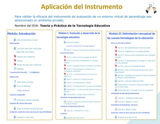 1
Aplicación del Instrumento
Para validar la eficacia del instrumento de evaluación de un entorno virtual de aprendizaje sea
seleccionado un ambiente privado.
Nombre del EVA: Teoría y Práctica de la Tecnología Educativa
 