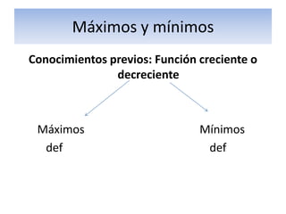 Máximos y mínimos
Conocimientos previos: Función creciente o
decreciente
Máximos Mínimos
def def
 
