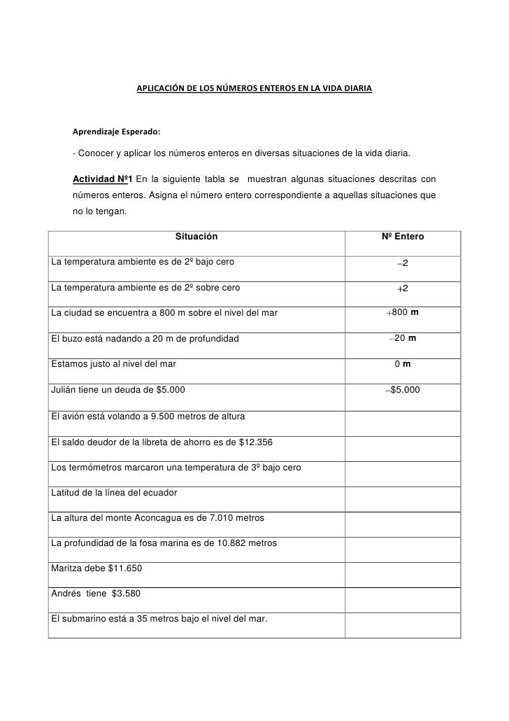 Aplicacion De Los Numeros Enteros En La Vida Diaria