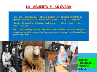 LA ABUEIITA Y SU OVEGA

Un día mi abuelita salió a pastar su borrego, mientras se
quedó dormida la abuelita se escaparon sus    carneros.
Luego le ayudaron a buscar todos y yo      salí a jugar   con
mis  amigos
un niño me dijo que le ayudara a la abuelita así lo hice hasta
encontrar sus borregos y lo encerramos en su corral y mi abuelita se
puso muy feliz.




                                                            AUTOR:
                                                            FRANCLIN,
                                                            HUAMAN
                                                            MEJIA
 