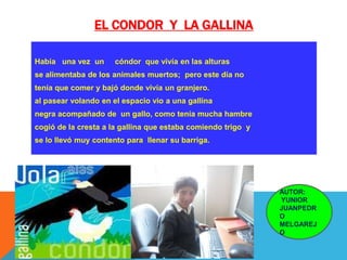 EL CONDOR Y LA GALLINA

Había una vez un      cóndor que vivía en las alturas
se alimentaba de los animales muertos; pero este día no
tenía que comer y bajó donde vivía un granjero.
al pasear volando en el espacio vio a una gallina
negra acompañado de un gallo, como tenía mucha hambre
cogió de la cresta a la gallina que estaba comiendo trigo y
se lo llevó muy contento para llenar su barriga.




                                                              AUTOR:
                                                              YUNIOR
                                                              JUANPEDR
                                                              O
                                                              MELGAREJ
                                                              O
 