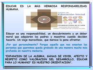 Moises Logroño G.
EDUCAR ES LA MÁS HERMOSA RESPONSABILIDAD
HUMANA.
Educar es una responsabilidad, un descubrimiento y un deber
moral que adquieren los padres y maestros cuando deciden
hacerlo. Un viaje maravilloso, que merece la pena afrontar.
¿Por qué personalmente? Porque aquello que nos enseñan las
personas que queremos queda grabado de una manera mucho más
profunda en nuestra memoria.
“EXPANCIÓN DE LA ALEGRÍA, GANAS DE VIVIR, AFECTO Y
RESPETO COMO VALORACIÓN DEL DESARROLLO, EDUCAR
PARA LO HUMANO” ES NUESTRO ORIENTACIÓN”.
 