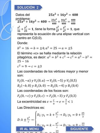 SOLUCIÓN 2
Datos del
problema:
𝟐𝟓𝒙 𝟐
+ 𝟏𝟔𝒚 𝟐
= 𝟒𝟎𝟎
𝟐𝟓𝒙 𝟐
+ 𝟏𝟔𝒚 𝟐
= 𝟒𝟎𝟎 →
𝟐𝟓𝒙 𝟐
𝟒𝟎𝟎
+
𝟏𝟔𝒚 𝟐
𝟒𝟎𝟎
=
𝟒𝟎𝟎
𝟒𝟎𝟎
𝒙 𝟐
𝟏𝟔
+
𝒚 𝟐
𝟐𝟓
= 𝟏, tiene la forma
𝒙 𝟐
𝒃 𝟐 +
𝒚 𝟐
𝒂 𝟐 = 𝟏, que
representa la ecuación de una elipse vertical con
centro en C(0,0).
Donde:
𝑏2 = 16 → 𝑏 = ±4; 𝑎2 = 25 → 𝑎 = ±5
El término «c» se halla mediante la relación
pitagórica, es decir: 𝑎2
= 𝑏2
+ 𝑐2
→ 𝑐2
= 𝑎2
− 𝑏2
=
25 − 16
𝑐2
= 9 → 𝑐 = ±3
Las coordenadas de los vértices mayor y menor
son:
𝑉2 0, −𝑎 𝑦 𝑉1 0, 𝑎 → 𝑉2 0, −5 𝑦 𝑉1 0,5
𝐵2 −𝑏, 0 𝑦 𝐵1 𝑏, 0 → 𝐵2 0, −4 𝑦 𝐵1 0,4
Las coordenadas de los focos son:
𝐹2 0, −𝑐 𝑦 𝐹1 0, 𝑐 → 𝐹2 0, −3 𝑦 𝐹1 0,3
La excentricidad es 𝑒 =
𝑐
𝑎
→ 𝑒 =
3
5
< 1
Las Directrices es:
𝐷: 𝑘 ±
𝑎2
𝑐
→
𝐷1: 𝑦1 = 𝑘 +
𝑎2
𝑐
→ 𝐷1: 𝑦1 = 0 +
25
3
𝐷2: 𝑦2 = 𝑘 −
𝑎2
𝑐
→ 𝐷2: 𝑦2 = 0 −
25
3
25 25
SIGUIENTEIR AL MENU
 
