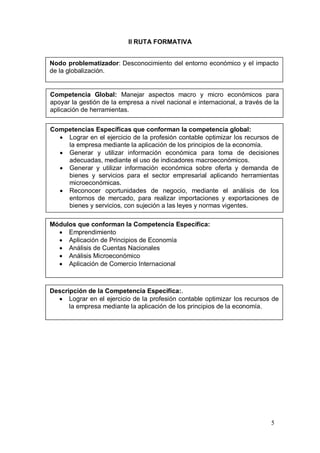 II RUTA FORMATIVA


Nodo problematizador: Desconocimiento del entorno económico y el impacto
de la globalización.


Competencia Global: Manejar aspectos macro y micro económicos para
apoyar la gestión de la empresa a nivel nacional e internacional, a través de la
aplicación de herramientas.


Competencias Específicas que conforman la competencia global:
   Lograr en el ejercicio de la profesión contable optimizar los recursos de
    la empresa mediante la aplicación de los principios de la economía.
   Generar y utilizar información económica para toma de decisiones
    adecuadas, mediante el uso de indicadores macroeconómicos.
   Generar y utilizar información económica sobre oferta y demanda de
    bienes y servicios para el sector empresarial aplicando herramientas
    microeconómicas.
   Reconocer oportunidades de negocio, mediante el análisis de los
    entornos de mercado, para realizar importaciones y exportaciones de
    bienes y servicios, con sujeción a las leyes y normas vigentes.

Módulos que conforman la Competencia Específica:
   Emprendimiento
   Aplicación de Principios de Economía
   Análisis de Cuentas Nacionales
   Análisis Microeconómico
   Aplicación de Comercio Internacional



Descripción de la Competencia Específica:.
   Lograr en el ejercicio de la profesión contable optimizar los recursos de
      la empresa mediante la aplicación de los principios de la economía.




                                                                             5
 