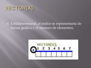 VECTOR[X]:Unidimensional, el índice se representaría de forma gráfica y el número de elementos. 