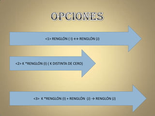 OPCIONES<1> RENGLÓN ( I) ↔ RENGLÓN (J)<2> K *RENGLÓN (I) ( K DISTINTA DE CERO) <3>  K *RENGLÓN (I) + RENGLÓN  (J) -> RENGLÓN (J)