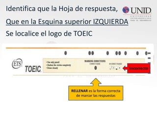 Identifica que la Hoja de respuesta,
Que en la Esquina superior IZQUIERDA
Se localice el logo de TOEIC
RELLENAR es la forma correcta
de marcar las respuestas
Incorrecto
 