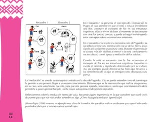 1414
$
En el recuadro 1 se presenta el concepto de construcción de
Piaget, el cual consiste en que el niño o niña al encontrarse
una flor, construye el concepto de flor en sus estructuras
cognitivas; ellas le sirven de base al momento de encontrarse
con otra flor que no conoce, y puede así seguir construyendo
estos conceptos sobre sus estructuras anteriores.
En el recuadro 2 se explica la reconstrucción de Vygotsky. La
sociedad ya tiene una construcción social de las flores, cuyo
significado varía entre una cultura y otra. Durante el aprendizaje
se da una relación dialéctica entre el o la niña con su entorno
socio-cultural, con el apoyo y mediación de los adultos.
Cuando la niña se encuentra con la flor reconstruye el
concepto de flor en sus estructuras cognitivas, tomando en
cuenta el sentido y significado determinado por su cultura.
Así, por ejemplo, puede diferenciar las flores que llevamos a
los cementerios de las que se entregan como obsequio a una
pareja.
La “mediación” es uno de los conceptos centrales en la obra de Vygotsky. Ésta se puede entender como el puente que
le permite a una persona llegar a un nuevo conocimiento. Diríamos que es la intervención que realiza una persona,
en su caso, sería usted como docente, para que otra persona aprenda, teniendo en cuenta que esta intervención debe
permitirle a quien aprende hacerlo con la mayor autonomía e independencia posible.
Reflexionemos sobre la mediación dentro del aula. Recuerde alguna experiencia en la que considere que usted sirvió
de puente para que sus educandos aprendieran algo. ¿Cómo hizo para mediar el aprendizaje?
Alonso Tapia (2000) muestra un ejemplo muy claro de la mediación que debe realizar un docente para que el educando
pueda descubrir por sí mismo nuevos aprendizajes.
 