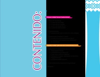 CONTENIDO:
Primera Unidad: Teorías Constructivistas				 7
1. Teorías del Aprendizaje					 10
1.1. La teoría de Jean Piaget					 10
1.2. La teoría de Lev Vygotsky					 13
1.3. La teoría de Jerome Bruner				 17
1.4. La teoría de Davis Ausubel 				 19
2. El Constructivismo						 21
2.1 Constructivismo: una corriente con varios enfoques		 22
3. Constructivismo Dialéctico o Social				 23
3.1 La mediación en el Constructivismo Social			 24
3.2 La importancia del contexto en la construcción
de aprendizajes						 33
Segunda Unidad: Aplicación del Constructivismo Social		 37
1. Apliquemos el Constructivismo Social en el aula		 40
1.1. Organizadores Previos					 40
1.2. Contextualicemos la educación				 43
1.3. Propiciemos conflictos cognitivos				 46
1.4. Trabajemos en equipo, aprendamos con proyectos		 48
1.5. ¡Experimentemos!					 51
1.6. Aprendamos desde la lectura				 53
2. El reto de desarrollar experiencias de aprendizaje		 59
Bibliografía							 63
 