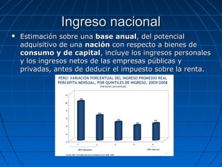 Ingreso nacionalIngreso nacional
 Estimación sobre unaEstimación sobre una base anualbase anual, del potencial, del potencial
adquisitivo de unaadquisitivo de una naciónnación con respecto a bienes decon respecto a bienes de
consumo y de capitalconsumo y de capital, incluye los ingresos personales, incluye los ingresos personales
y los ingresos netos de las empresas públicas yy los ingresos netos de las empresas públicas y
privadas, antes de deducir el impuesto sobre la renta.privadas, antes de deducir el impuesto sobre la renta.
 
