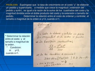 PROBLEMAPROBLEMA:: Supóngase que la tasa de crecimiento en el costo “y” de elaborarSupóngase que la tasa de crecimiento en el costo “y” de elaborar
un pedido y supervisarlo, a medida que crece la magnitud ( extensión delun pedido y supervisarlo, a medida que crece la magnitud ( extensión del
pedido y surtir) , es igual a la razón de la suma de los cuadrados del costo y lapedido y surtir) , es igual a la razón de la suma de los cuadrados del costo y la
magnitud dividida entre el doble producto del costo y la extensión o tamaño demagnitud dividida entre el doble producto del costo y la extensión o tamaño de
pedido. Determinar la relación entre el costo de ordenar y controlar, elpedido. Determinar la relación entre el costo de ordenar y controlar, el
tamaño o magnitud de la orden si y=3, cuando s=1.tamaño o magnitud de la orden si y=3, cuando s=1.
* Determinar la relación
entre el costo y el
tamaño o magnitud de
la orden .
* Condicion:
si y=3,
cuando s=1.
* Determinar la relación
entre el costo y el
tamaño o magnitud de
la orden .
* Condicion:
si y=3,
cuando s=1.
 