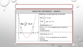 Hallemos la derivada de la función
f(x)=
1
2
x2
−4+6
f′(x)
=
1
2
.2x−4=-4
Analicemos x=1
f′(1)=1−4=-3 es negativo por lo tanto la
función
es decreciente
Analicemos en x=7
F’(7)=7 −4=3 es positivo por lo tanto la
función
es creciente
ANALIS DEL CRECIMIENTO - EJEMPLO
 