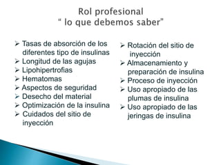  Tasas de absorción de los
diferentes tipo de insulinas
 Longitud de las agujas
 Lipohipertrofias
 Hematomas
 Aspectos de seguridad
 Desecho del material
 Optimización de la insulina
 Cuidados del sitio de
inyección
 Rotación del sitio de
inyección
 Almacenamiento y
preparación de insulina
 Proceso de inyección
 Uso apropiado de las
plumas de insulina
 Uso apropiado de las
jeringas de insulina
 