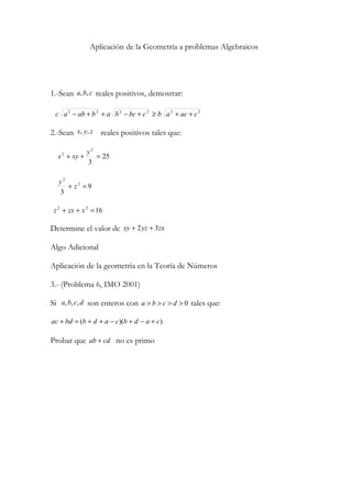 Aplicación de la Geometría a problemas Algebraicos




1.-Sean a, b, c reales positivos, demostrar:

 c a 2 − ab + b 2 + a b 2 − bc + c 2 ≥ b a 2 + ac + c 2

2.-Sean x, y, z reales positivos tales que:

               y2
  x 2 + xy +      = 25
               3

  y2
     + z2 = 9
  3

 z 2 + zx + x 2 = 16

Determine el valor de xy + 2 yz + 3zx

Algo Adicional

Aplicación de la geometría en la Teoría de Números

3.- (Problema 6, IMO 2001)

Si a, b, c, d son enteros con a > b > c > d > 0 tales que:

ac + bd = (b + d + a − c)(b + d − a + c)

Probar que ab + cd no es primo
 
