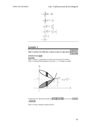 MOISES VILLENA MUÑOZ                                          Cap. 4 Aplicaciones de la Integral


                                                      2

                                            V = 2π
                                                      ∫[ (
                                                      0
                                                                     )]
                                                          x 8 x − x 2 dx


                                                      2


                                                      ∫
                                                          ⎛    3       ⎞
                                               = 2π       ⎜ 8 x 2 − x3 ⎟dx
                                                          ⎜            ⎟
                                                          ⎝            ⎠
                                                      0
                                                                           2
                                                    ⎡2 8 5     x4 ⎤
                                               = 2π ⎢     x 2− ⎥
                                                    ⎢
                                                    ⎣
                                                       5        4 ⎥
                                                                  ⎦0
                                                    ⎡⎛ 2 8 5    24 ⎞         ⎤
                                               = 2π ⎢⎜     2 2−     ⎟ − ( 0) ⎥
                                                    ⎢⎜ 5         4  ⎟        ⎥
                                                    ⎣⎝              ⎠        ⎦
                                                    ⎡ 32   ⎤
                                               = 2π ⎢ − 4⎥
                                                    ⎣5     ⎦
                                                   24π 3
                                             V =      u
                                                    5




                   Ejemplo 3
                                                                                           ⎧y = x2
                                                                                           ⎪
                   Hallar el volumen del sólido que se genera al girar la región plana R : ⎨
                                                                                           ⎪ y = 8x
                                                                                           ⎩
                   alrededor del eje y = 4
                   SOLUCIÓN:
                   PASO 1 Y PASO 2: La región plana es la misma que la de los ejercicios anteriores
                   PASO 3: El elemento diferencial girado en torno al eje " y = 4 " da lugar a una Anillo




                                                                               [           ]
                   El volumen de este diferencial está dado por dV = π r2 − r 1 dx y en este caso r2 = 4 − x 2
                                                                                   2   2

                   y r1 = 4 − 8 x

                   PASO 4: Por tanto, calculando el volumen tenemos:




                                                                                                            83
 