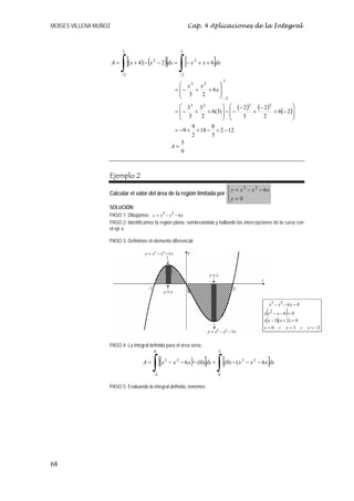 MOISES VILLENA MUÑOZ                                                          Cap. 4 Aplicaciones de la Integral



                            3                                           3

                       A=
                            ∫
                            −2
                                 [(x + 4) − (x   2
                                                            )]
                                                     − 2 dx =
                                                                        ∫
                                                                        −2
                                                                             [− x   2
                                                                                               ]
                                                                                        + x + 6 dx

                                                                                                       3
                                                                     ⎛ x3 x2      ⎞
                                                                   = ⎜−  +   + 6x ⎟
                                                                     ⎜ 3   2      ⎟
                                                                     ⎝            ⎠ −2
                                                                     ⎛ 33 3 2         ⎞ ⎛ (− 2 )3 (− 2 )2          ⎞
                                                                   = ⎜−    +   + 6(3) ⎟ − ⎜ −    +        + 6(− 2 )⎟
                                                                     ⎜ 3     2        ⎟ ⎜     3      2             ⎟
                                                                     ⎝                ⎠ ⎝                          ⎠
                                                                         9       8
                                                                   = −9 + + 18 − + 2 − 12
                                                                         2       3
                                                                      5
                                                                  A=
                                                                      6



                   Ejemplo 2
                                                                        ⎧
                                                                        ⎪ y = x 3 − x 2 − 6x
                   Calcular el valor del área de la región limitada por ⎨
                                                                        ⎪y = 0
                                                                        ⎩
                   SOLUCIÓN:
                   PASO 1: Dibujamos y = x3 − x 2 − 6 x
                   PASO 2: Identificamos la región plana, sombreándola y hallando las intercepciones de la curva con
                   el eje x.

                   PASO 3: Definimos el elemento diferencial.




                                                                                                                                      x3 − x 2 − 6 x = 0
                                                                                                                                  (             )
                                                                                                                                 x x2 − x − 6 = 0
                                                                                                                                 x(x − 3)( x + 2) = 0
                                                                                                                                 x=0 ∨ x=3 ∨               x = −2


                   PASO 4: La integral definida para el área sería:
                                                 0                                                 3

                                         A=
                                                 ∫
                                                 −2
                                                      [(x   3
                                                                               )
                                                                 − x − 6 x − (0) dx +
                                                                    2
                                                                                          ]
                                                                                                   ∫
                                                                                                   0
                                                                                                       [(0) − ( x   3
                                                                                                                                  ]
                                                                                                                        − x 2 − 6 x dx



                   PASO 5: Evaluando la integral definida, tenemos:




68
 