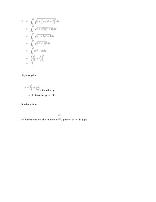 E j e m p l o
, d e s d e y
= 1 h a s t a y = 2
S o l u c i ó n
O b t e n e m o s d e n u e v o , p u e s x = h ( y )
 