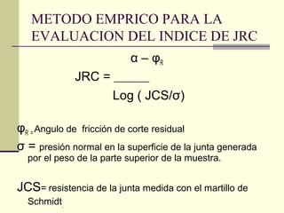 METODO EMPRICO PARA LA
EVALUACION DEL INDICE DE JRC
α – φR
JRC = ------------------------Log ( JCS/σ)
φR = Angulo de fricción de corte residual
σ = presión normal en la superficie de la junta generada
por el peso de la parte superior de la muestra.

JCS= resistencia de la junta medida con el martillo de
Schmidt.

 