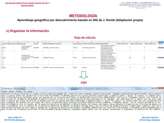 APLICACIÓN DIDÁCTICA DE ARCGIS ONLINE EN ESO Y
BACHILLERATO
METODOLOGÍA
Aprendizaje geográfico por descubrimiento basado en SIG de J. Kerski (Adaptación propia)
c) Organizar la información.
Hoja de cálculo
CSV
Isaac Buzo Sánchez
IES San Roque (Badajoz)
Javier Velilla Gil
IES El Portillo (Zaragoza)
 