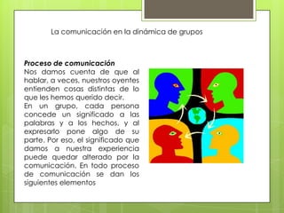La comunicación en la dinámica de grupos
Proceso de comunicación
Nos damos cuenta de que al
hablar, a veces, nuestros oyentes
entienden cosas distintas de lo
que les hemos querido decir.
En un grupo, cada persona
concede un significado a las
palabras y a los hechos, y al
expresarlo pone algo de su
parte. Por eso, el significado que
damos a nuestra experiencia
puede quedar alterado por la
comunicación. En todo proceso
de comunicación se dan los
siguientes elementos
 