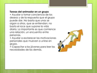 Tareas del animador en un grupo
× Ayudar a tomar conciencia de los
deseos y de la respuesta que el grupo
puede dar. No basta que unos se
oigan a otros, que se entiendan; no
basta el roce que supone la vida
diaria. Lo importante es que comience
una relación, un encuentro entre
personas.
× Ayudar a esclarecer las motivaciones
personales que mueven a unirse en
grupo.
× Capacitar a los jóvenes para leer las
necesidades de los demás.
 