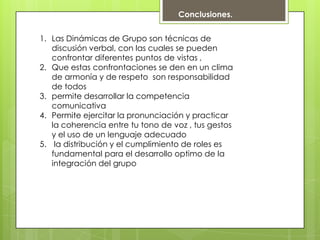 Conclusiones.
1. Las Dinámicas de Grupo son técnicas de
discusión verbal, con las cuales se pueden
confrontar diferentes puntos de vistas ,
2. Que estas confrontaciones se den en un clima
de armonía y de respeto son responsabilidad
de todos
3. permite desarrollar la competencia
comunicativa
4. Permite ejercitar la pronunciación y practicar
la coherencia entre tu tono de voz , tus gestos
y el uso de un lenguaje adecuado
5. la distribución y el cumplimiento de roles es
fundamental para el desarrollo optimo de la
integración del grupo
 