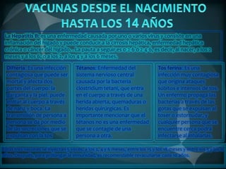 La Hepatitis B: es una enfermedad causada por uno o varios virus y consiste en una
inflamación del hígado y puede conducir a la cirrosis hepática, enfermedad hepática
crónica o cáncer del hígado. . La pauta a seguir es 0-2-6 ó 2-4-6, es decir, al nacer, a los 2
meses y a los 6; o a los 2, a los 4 y a los 6 meses.
Difteria: Es una infección
contagiosa que puede ser
mortal y afecta dos
partes del cuerpo: la
garganta y la piel. puede
entrar al cuerpo a través
de nariz y boca. La
transmisión de persona a
persona se da por medio
de las secreciones que se
expulsan con la tos

Tétanos: Enfermedad del
sistema nervioso central
causada por la bacteria
clostridium tetani, que entra
en el cuerpo a través de una
herida abierta, quemaduras o
heridas quirúrgicas. Es
importante mencionar que el
tétanos no es una enfermedad
que se contagie de una
persona a otra.

Tos ferina: Es una
infección muy contagiosa
que origina ataques
súbitos e intensos de tos.
Un enfermo propaga las
bacterias a través de las
gotas que se expulsan al
toser o estornudar, y
cualquier persona que se
encuentre cerca podrá
infectarse al inhalarlas.

Estas tres vacunas se inyectan 5 veces, a los 2, 4 y 6 meses, entre los 15 y los 18 meses y entre los 3 y los 6
años. Después, para prolongar la inmunidad, es recomendable revacunarse cada 10 años.

 