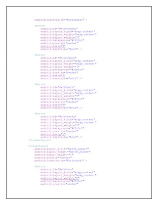 android:orientation="horizontal" >
<Button
android:id="@+id/cuatro"
android:layout_width="wrap_content"
android:layout_height="wrap_content"
android:layout_weight="1"
android:background="#ffc5c5"
android:gravity="center"
android:text="4"
android:textStyle="bold" />
<Button
android:id="@+id/cinco"
android:layout_width="wrap_content"
android:layout_height="wrap_content"
android:layout_weight="1"
android:background="#ffc5c5"
android:gravity="center"
android:text="5"
android:textStyle="bold" />
<Button
android:id="@+id/seis"
android:layout_width="wrap_content"
android:layout_height="wrap_content"
android:layout_weight="1"
android:background="#ffc5c5"
android:gravity="center"
android:text="6"
android:textStyle="bold" />
<Button
android:id="@+id/resta"
android:layout_width="wrap_content"
android:layout_height="wrap_content"
android:layout_weight="1"
android:background="#ffc5c5"
android:gravity="center"
android:text="-"
android:textStyle="bold" />
</LinearLayout>
<LinearLayout
android:layout_width="match_parent"
android:layout_height="match_parent"
android:layout_weight="1"
android:gravity="center"
android:orientation="horizontal" >
<Button
android:id="@+id/uno"
android:layout_width="wrap_content"
android:layout_height="wrap_content"
android:layout_weight="1"
android:background="#ffc5c5"
android:gravity="center"
 