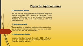 Tipos de Aplicaciones
 A
son las que se desarrollan específicamente para cada
sistema operativo, iOS, Android o Windows Phone,
adaptando el lenguaje con el que se desarrolla: lenguaje
Objective-C para iOS, Java para Android, y .Net para
Windows Phone
Es compatible, se adapta, a cualquier sistema operativo,
por lo que no tiene que desarrollarse una app para cada
uno como sucede con el caso anterior.
se desarrollan bajo lenguaje Javascript, CSS o HTML, al
igual que las apps web, lo cual permite la adaptación a
cualquier sistema operativo.
 