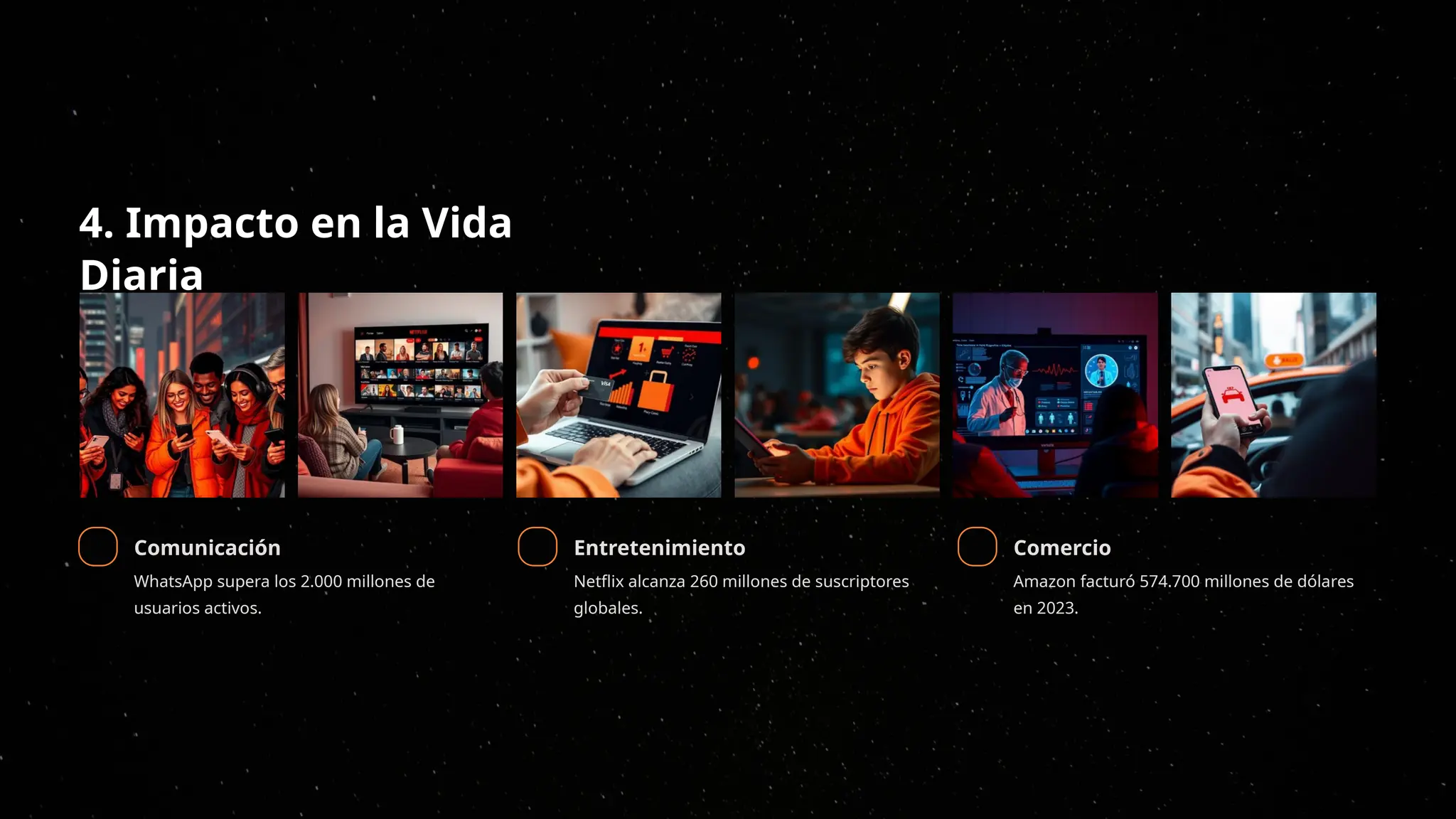 4. Impacto en la Vida
Diaria
Comunicación
WhatsApp supera los 2.000 millones de
usuarios activos.
Entretenimiento
Netflix alcanza 260 millones de suscriptores
globales.
Comercio
Amazon facturó 574.700 millones de dólares
en 2023.
 