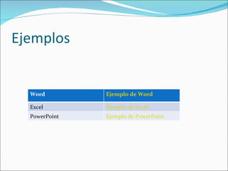 Ejemplos


  Word         Ejemplo de Word

  Excel        Ejemplo de Excel
  PowerPoint   Ejemplo de PowerPoint
 