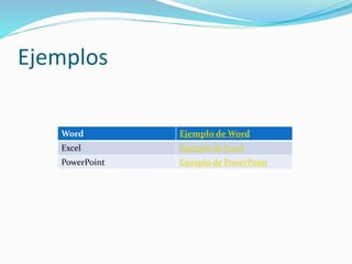 Ejemplos
Word Ejemplo de Word
Excel Ejemplo de Excel
PowerPoint Ejemplo de PowerPoint
 