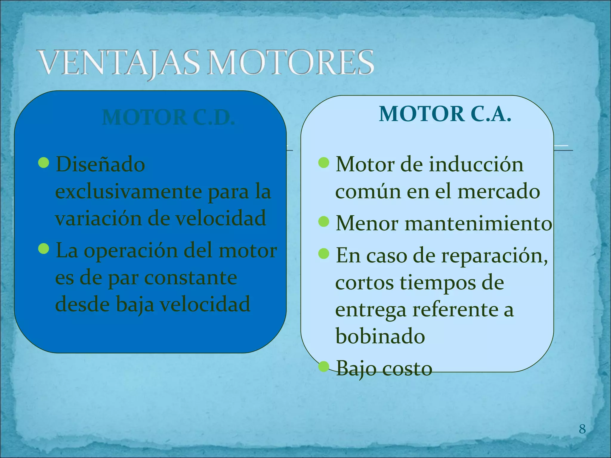 8
Diseñado
exclusivamente para la
variación de velocidad
La operación del motor
es de par constante
desde baja velocidad
Motor de inducción
común en el mercado
Menor mantenimiento
En caso de reparación,
cortos tiempos de
entrega referente a
bobinado
Bajo costo
MOTOR C.A.
 