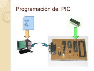 Programación del PIC1 mov w, 342 rts rp0,03 clr rp14 add w,f5 mov rpa,w6 goto 3