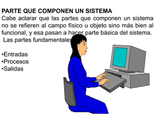 PARTE QUE COMPONEN UN SISTEMA
Cabe aclarar que las partes que componen un sistema
no se refieren al campo físico u objeto sino más bien al
funcional, y esa pasan a hacer parte básica del sistema.
 Las partes fundamentales son:

•Entradas
•Procesos
•Salidas
 