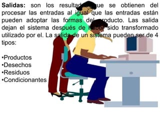 Salidas: son los resultados que se obtienen del
procesar las entradas al igual que las entradas están
pueden adoptar las formas del producto. Las salida
dejan el sistema después de haber sido transformado
utilizado por el. La salida de un sistema pueden ser de 4
tipos:

•Productos
•Desechos
•Residuos
•Condicionantes
 
