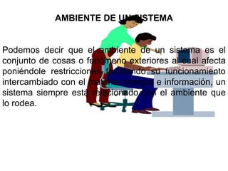 AMBIENTE DE UN SISTEMA


Podemos decir que el ambiente de un sistema es el
conjunto de cosas o fenómeno exteriores al cual afecta
poniéndole restricciones facilitando su funcionamiento
intercambiado con el materia, energía e información, un
sistema siempre está relacionado con el ambiente que
lo rodea.
 