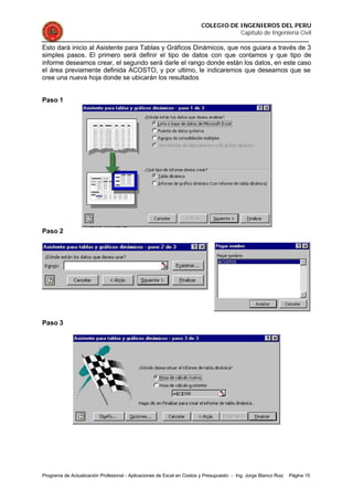 COLEGIO DE INGENIEROS DEL PERU
Capítulo de Ingeniería Civil
Programa de Actualización Profesional - Aplicaciones de Excel en Costos y Presupuesto - Ing. Jorge Blanco Ruiz Página 15
Esto dará inicio al Asistente para Tablas y Gráficos Dinámicos, que nos guiara a través de 3
simples pasos. El primero será definir el tipo de datos con que contamos y que tipo de
informe deseamos crear, el segundo será darle el rango donde están los datos, en este caso
el área previamente definida ACOSTO, y por ultimo, le indicaremos que deseamos que se
cree una nueva hoja donde se ubicarán los resultados
Paso 1
Paso 2
Paso 3
 