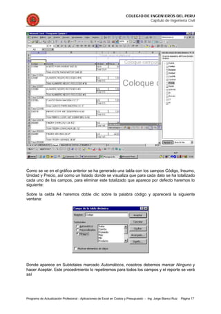 COLEGIO DE INGENIEROS DEL PERU
Capítulo de Ingeniería Civil
Programa de Actualización Profesional - Aplicaciones de Excel en Costos y Presupuesto - Ing. Jorge Blanco Ruiz Página 17
Como se ve en el gráfico anterior se ha generado una tabla con los campos Código, Insumo,
Unidad y Precio, así como un listado donde se visualiza que para cada dato se ha totalizado
cada uno de los campos, para eliminar este totalizado que aparece por defecto haremos lo
siguiente:
Sobre la celda A4 haremos doble clic sobre la palabra código y aparecerá la siguiente
ventana:
Donde aparece en Subtotales marcado Automáticos, nosotros debemos marcar Ninguno y
hacer Aceptar. Este procedimiento lo repetiremos para todos los campos y el reporte se verá
así
 