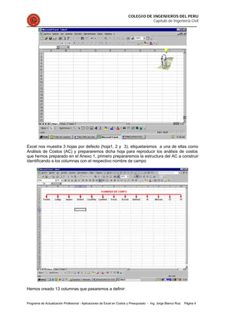 COLEGIO DE INGENIEROS DEL PERU
Capítulo de Ingeniería Civil
Programa de Actualización Profesional - Aplicaciones de Excel en Costos y Presupuesto - Ing. Jorge Blanco Ruiz Página 4
Excel nos muestra 3 hojas por defecto (hoja1, 2 y 3), etiquetaremos a una de ellas como
Análisis de Costos (AC) y prepararemos dicha hoja para reproducir los análisis de costos
que hemos preparado en el Anexo 1, primero prepararemos la estructura del AC a construir
identificando a los columnas con el respectivo nombre de campo
Hemos creado 13 columnas que pasaremos a definir:
 