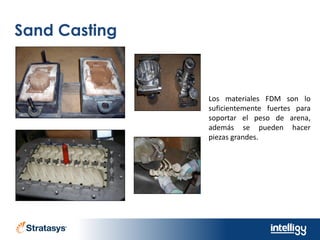 Sand Casting
Los materiales FDM son lo
suficientemente fuertes para
soportar el peso de arena,
además se pueden hacer
piezas grandes.
 
