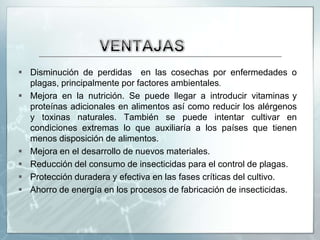 RIESGOSExisten riesgos de transferir toxinas de una forma de vida a otra, de crear nuevas toxinas o de transferir compuestos alérgicos de una especie a otra, lo que podría dar lugar a reacciones alérgicas imprevistas.Existe el riesgo de que bacterias y virus modificados escapen de los laboratorios de alta seguridad e infecten a la población humana o animal.