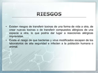 INGENIERÍA GENÉTICA PARA DESARROLLAR TOLERANCIA A HERBICIDASCONTROL DE LAS MALAS HIERBASHERBICIDASLas malas hierbas compiten por el agua, nutrientes y luz con el cultivo primario.Daños producidos por el herbicida en la especie cultivadaLa presencia de malas hierbas y sus semillas en el producto final reduce la calidad del cultivo.- Aplicación del herbicida con equipos especiales- Protectores químicos específicos- Desarrollo de cultivos tolerantes al herbicida	>mejora/selección	>ingeniería genética