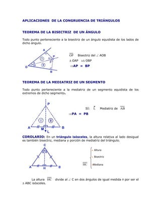 APLICACIONES DE LA CONGRUENCIA DE TRIÁNGULOS
TEOREMA DE LA BISECTRIZ DE UN ÁNGULO
Todo punto perteneciente a la bisectriz de un ángulo equidista de los lados de
dicho ángulo.
OP Bisectriz del  AOB
 OAP  OBP
AP = BP
TEOREMA DE LA MEDIATRIZ DE UN SEGMENTO
Todo punto perteneciente a la mediatriz de un segmento equidista de los
extremos de dicho segmento.
SI: L Mediatriz de AB
PA = PB
COROLARIO: En un triángulo isósceles, la altura relativa al lado desigual
es también bisectriz, mediana y porción de mediatriz del triángulo.
La altura HC divide al  C en dos ángulos de igual medida  por ser el
 ABC isósceles.
 Altura
 Bisectriz
Mediana
Porción de mediatriz
 