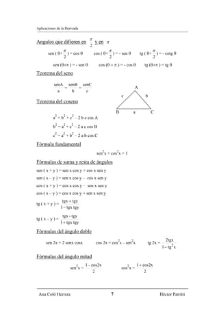 Aplicaciones de la Derivada

                                     π
Angulos que difieren en                  y en π
                                     2
                  π                                 π                                      π
       sen ( θ+        ) = cos θ         cos ( θ+       ) = - sen θ              tg ( θ+        ) = - cotg θ
                   2                                2                                       2
          sen (θ+π ) = - sen θ             cos (θ + π ) = - cos θ                   tg (θ+π ) = tg θ
Teorema del seno

           senA senB senC
               =    =                                                       A
             a    b    c
                                                                c                   b
Teorema del coseno

                                                            B               a           C
            2     2      2
          a = b + c – 2 b c cos A
            2     2      2
          b = a + c – 2 a c cos B
            2     2      2
          c = a + b – 2 a b cos C

Fórmula fundamental
                                               2            2
                                          sen x + cos x = 1

Fórmulas de suma y resta de ángulos
sen ( x + y ) = sen x cos y + cos x sen y
sen ( x – y ) = sen x cos y – cos x sen y
cos ( x + y ) = cos x cos y – sen x sen y
cos ( x – y ) = cos x cos y + sen x sen y
                  tgx + tgy
tg ( x + y ) =
                 1 − tgx tgy
                  tgx - tgy
tg ( x – y ) =
                 1 + tgx tgy

Fórmulas del ángulo doble
                                                            2           2                            2tgx
      sen 2x = 2 senx cosx                cos 2x = cos x – sen x                      tg 2x =
                                                                                                   1 − tg 2 x

Fórmulas del ángulo mitad
                             2     1 − cos2x                        2           1 + cos2x
                        sen x =                                 cos x =
                                        2                                            2




 Ana Coló Herrera                                       7                                         Héctor Patritti
 